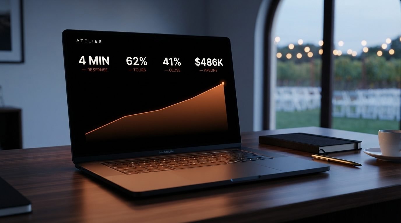 Atelier monthly dashboard showing response time, tour rate, close rate and pipeline.