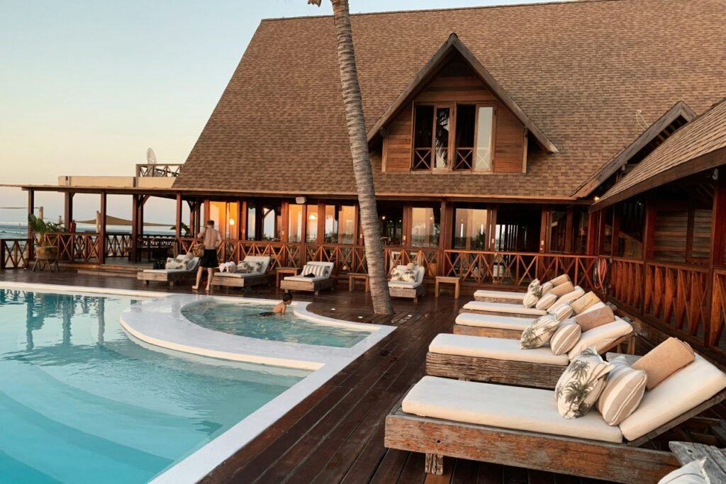 The property exterior at dusk